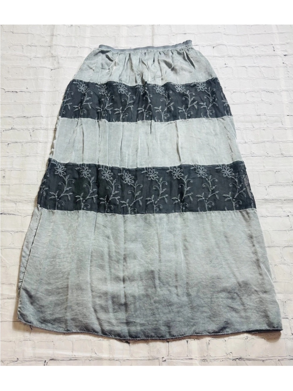 COSMO Italy Fray Black Silk Lace Maxi Skirt Boho Goth Floral Lace Tiered Size S
